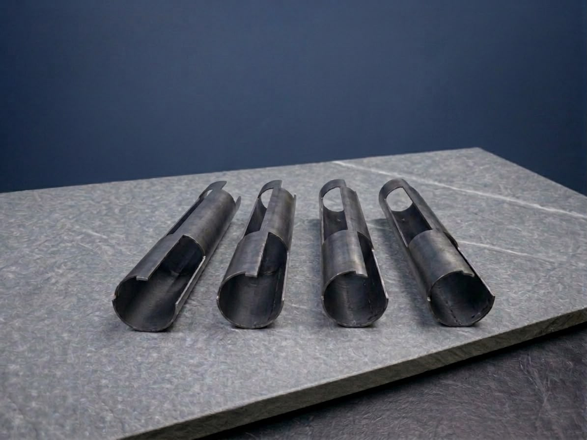 Precision fiber laser cut steel tube sections arranged on a gunmetal surface