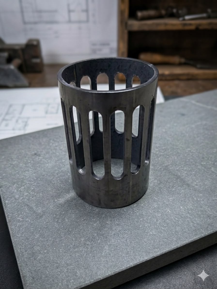 Mild steel cylindrical basket with precision-cut vertical slot pattern