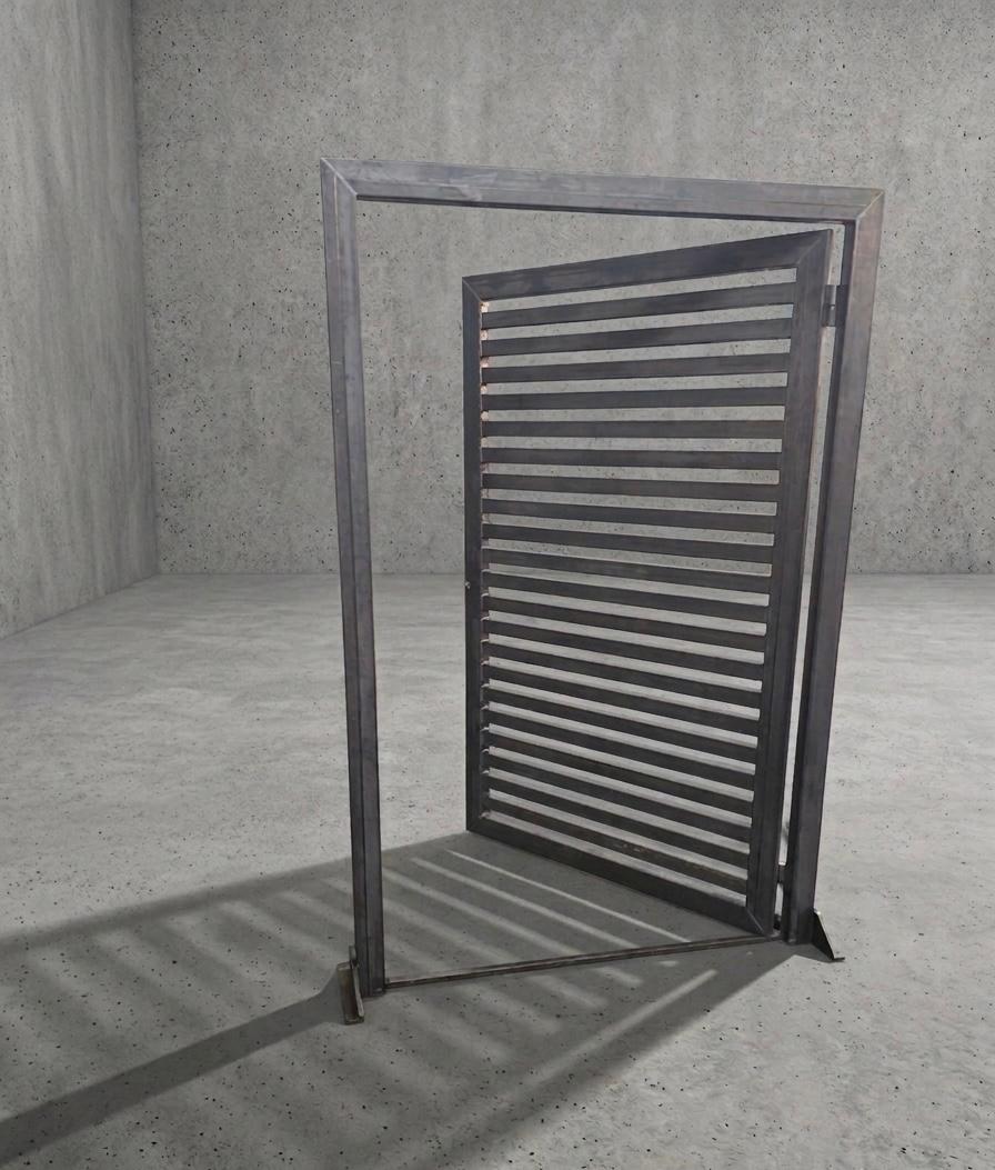 Freestanding steel-framed gate with slatted louvre infill and precision-cut joints