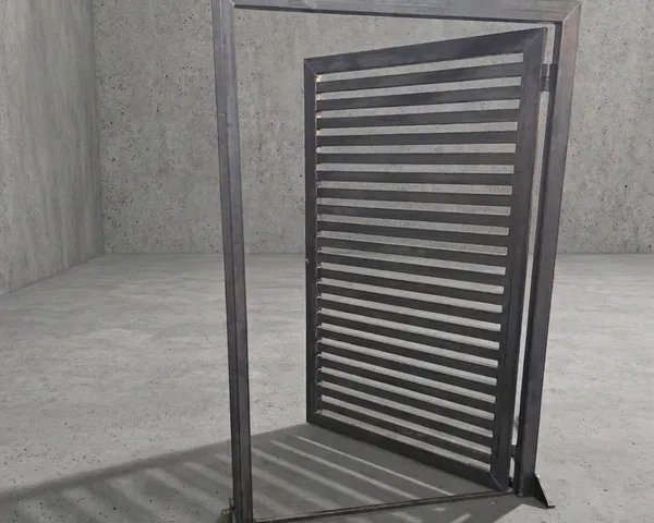 Freestanding steel-framed gate with slatted louvre infill and precision-cut joints